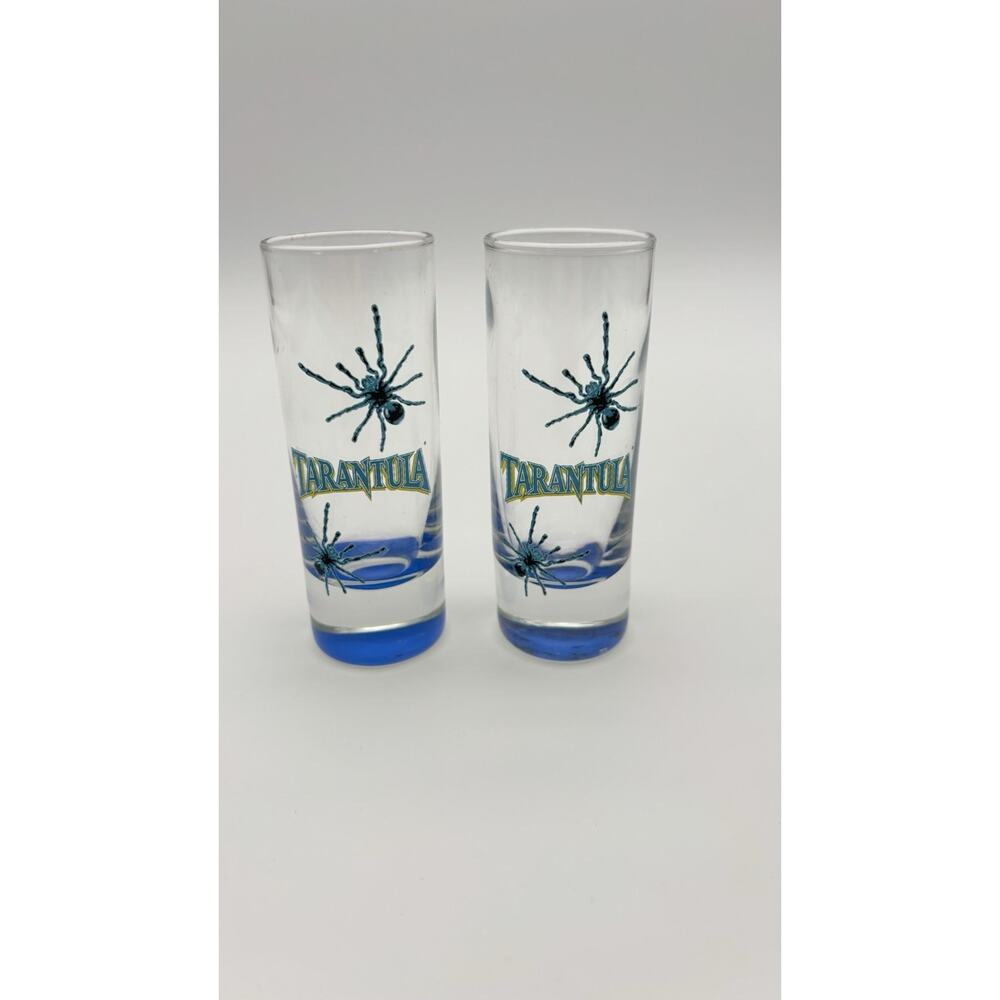 Set Of 2 Tarantula Tequila Shot Glasses Spiders Blue & Clear Very Good Condition